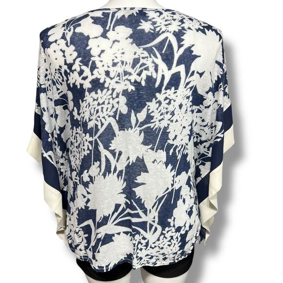 Coldwater Creek Womens Kimono Blouse Shirt Top Linen Floral Pullover Blue White - Picture 4 of 9